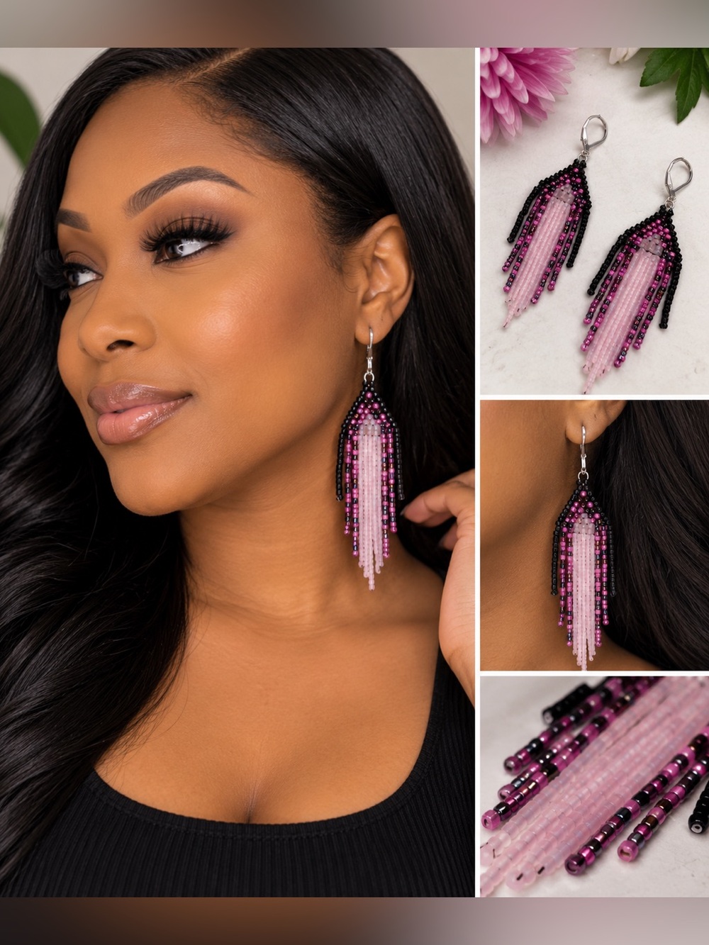 Pink & Black Beaded Fringe Earrings